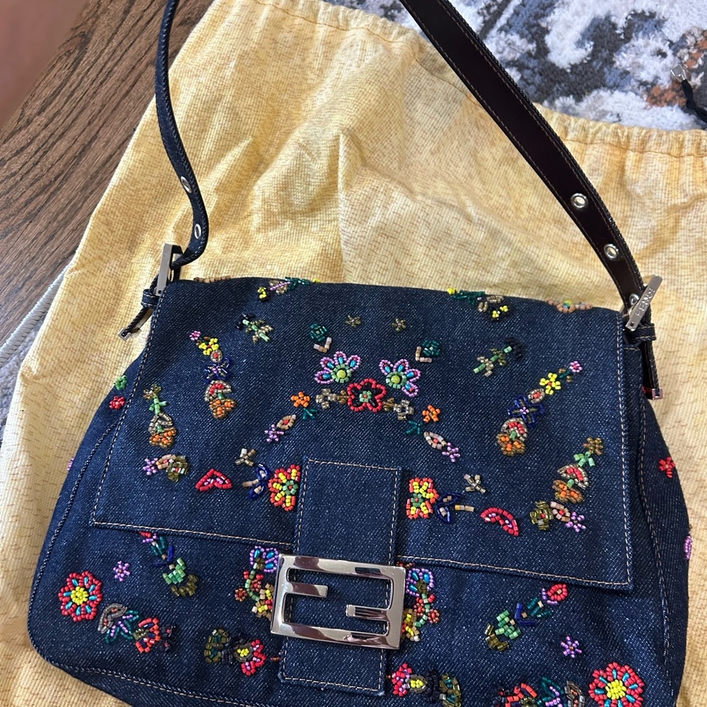 Fendi Navy Denim Shoulder Bag with Multicolor Floral Embroidery- FIRM PRICE - Picture 2 of 8